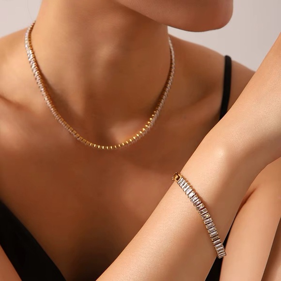 18K Gold Plated CZ Baguette Tennis Necklace - Picture 2 of 12